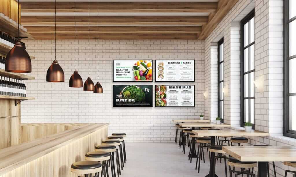 inside of restaurant digital menu boards on wall