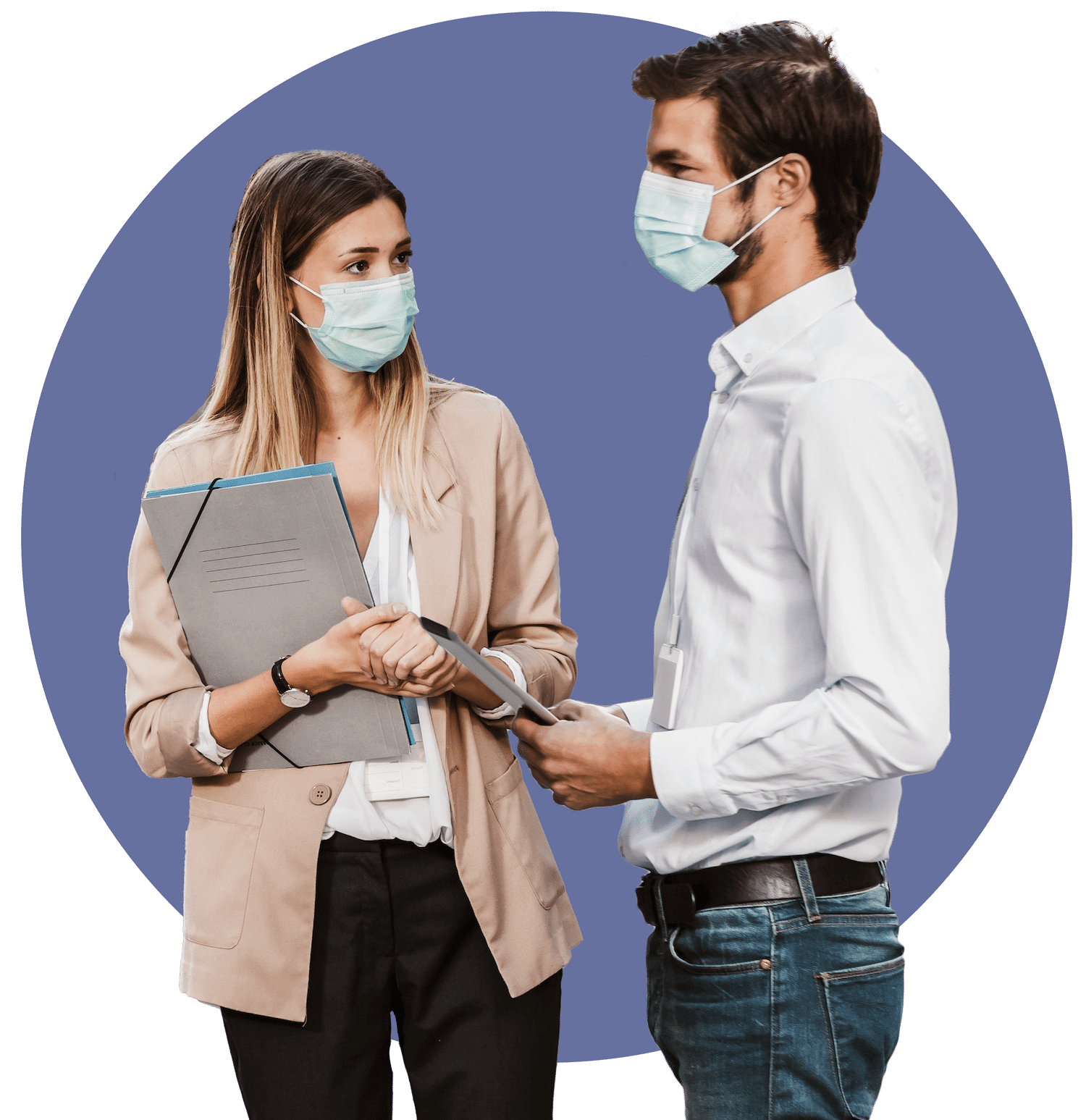 two employees wearing mask return to work