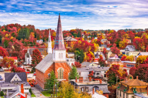 Digital signage in churches -Montpelier, Vermont, USA town skyline in autumn.